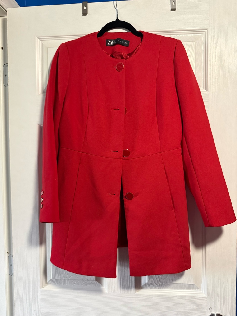 Zara Women's Bright Red Collarless Pea Coat